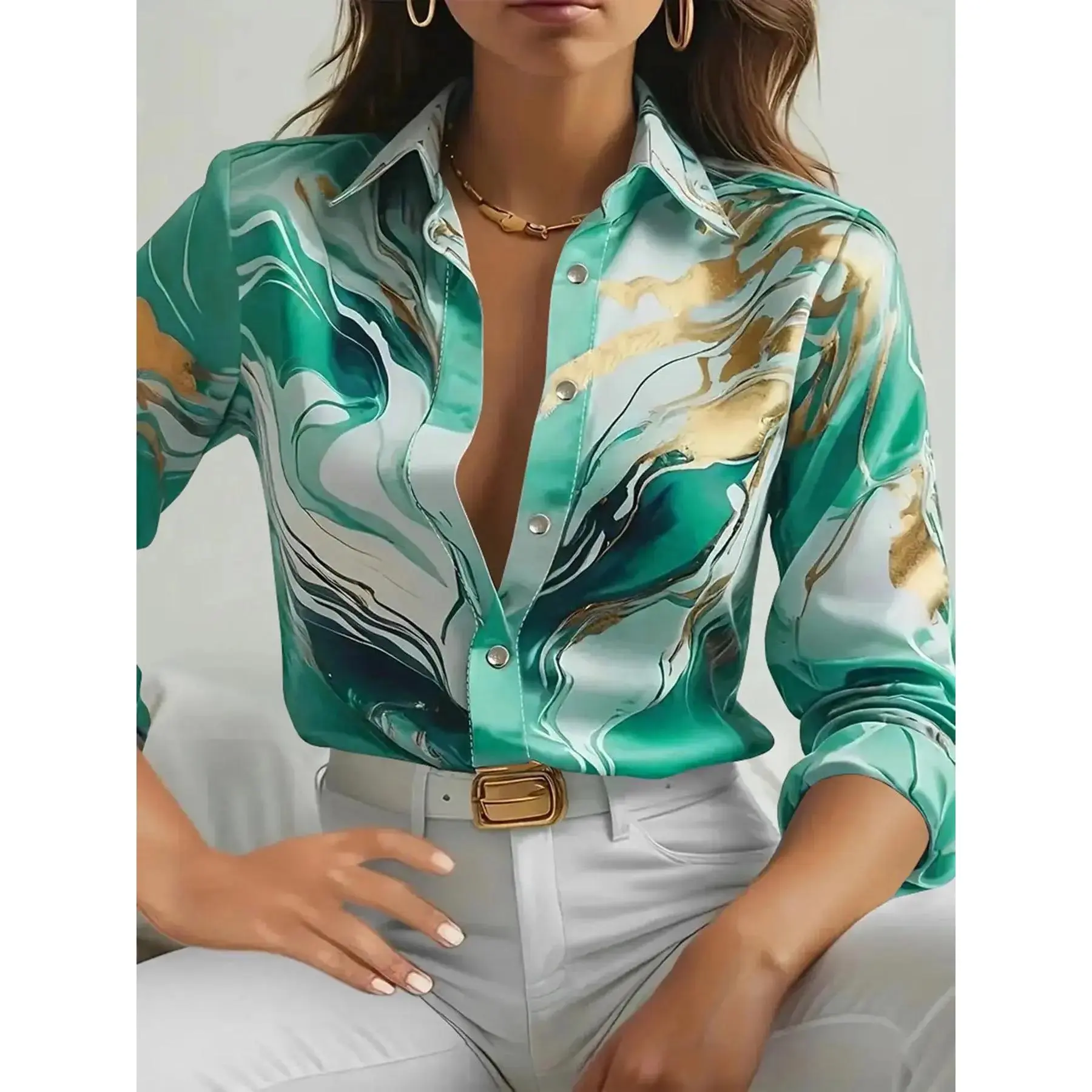 Women's satin shirt with a random pattern and rounded hem, casual long-sleeved top with a collar for everyday wear, women's clothing for all seasons, casual fashion shirt, casual elegant top.