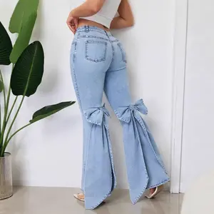 Fashion Women's Jeans High Waist Stretch Bow Trimmed Flared Jeans