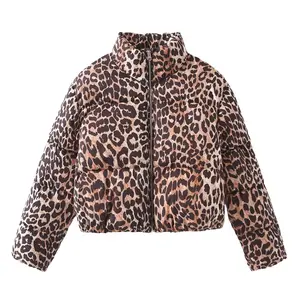 Leopard Print Down Cotton Padded Jacket for Women with Stand Collar - Ordinary 50cm Length to 65cm