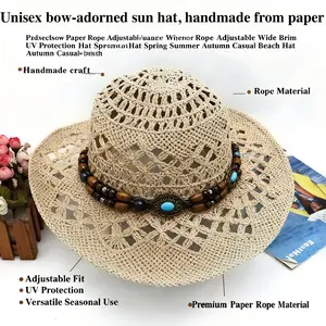 Unisex Bow Sun Hat Handmade Paper Rope Adjustable Wide Brim UV Protection Hat Spring Summer Autumn Casual Beach Hat