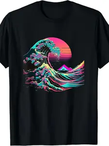 JOY Vaperwave Aesthetic Glitch Great Wave Retrowave Synthwave T-Shirt |   Same Style for Men And Women,  Summer, Short-Sleeved, Printed, Pure, 220G, Crew Neck, All-Season, Regular Fit, Perfect for Adults
