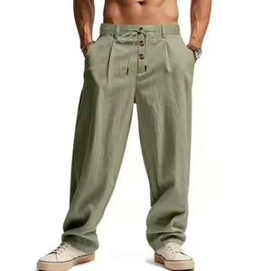 Men's casual linen pants with long legs, decorative three buttons, breathable elastic waistband, drawstring, suitable for fishing, hiking, golf, and outdoor activities.