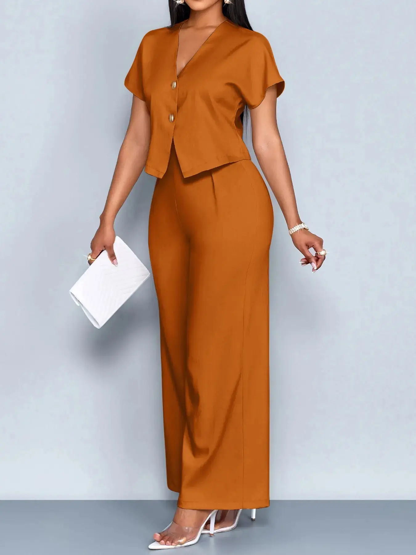 Women's Plain V-Neck Button Front Short Sleeve Top High-Waist Wide-Leg Pants Set Casual Spring Summer 2026