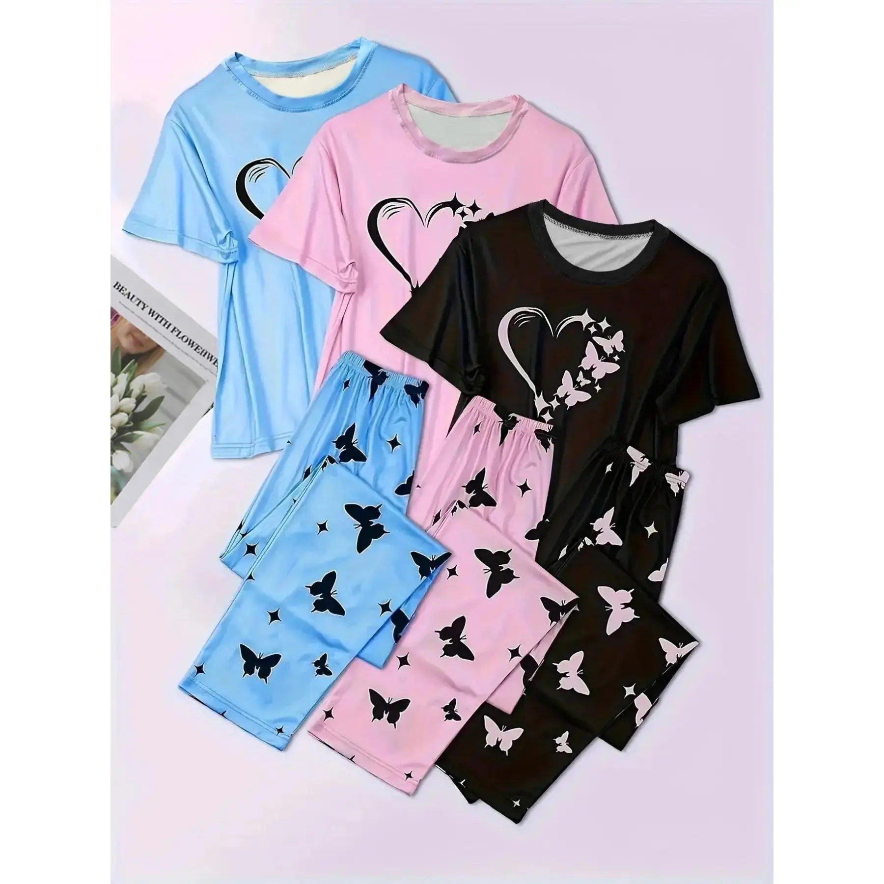 6 Counts Women's Heart & Butterfly Print Pyjama Set, Short Sleeve Tee & Elastic Waist Pants Loungewear Set, Women Cute Nightwear, All Seasons Nightwear, PJ Sets for Women, Casual Sleepwear Loungewear, Summer Outfits 2024