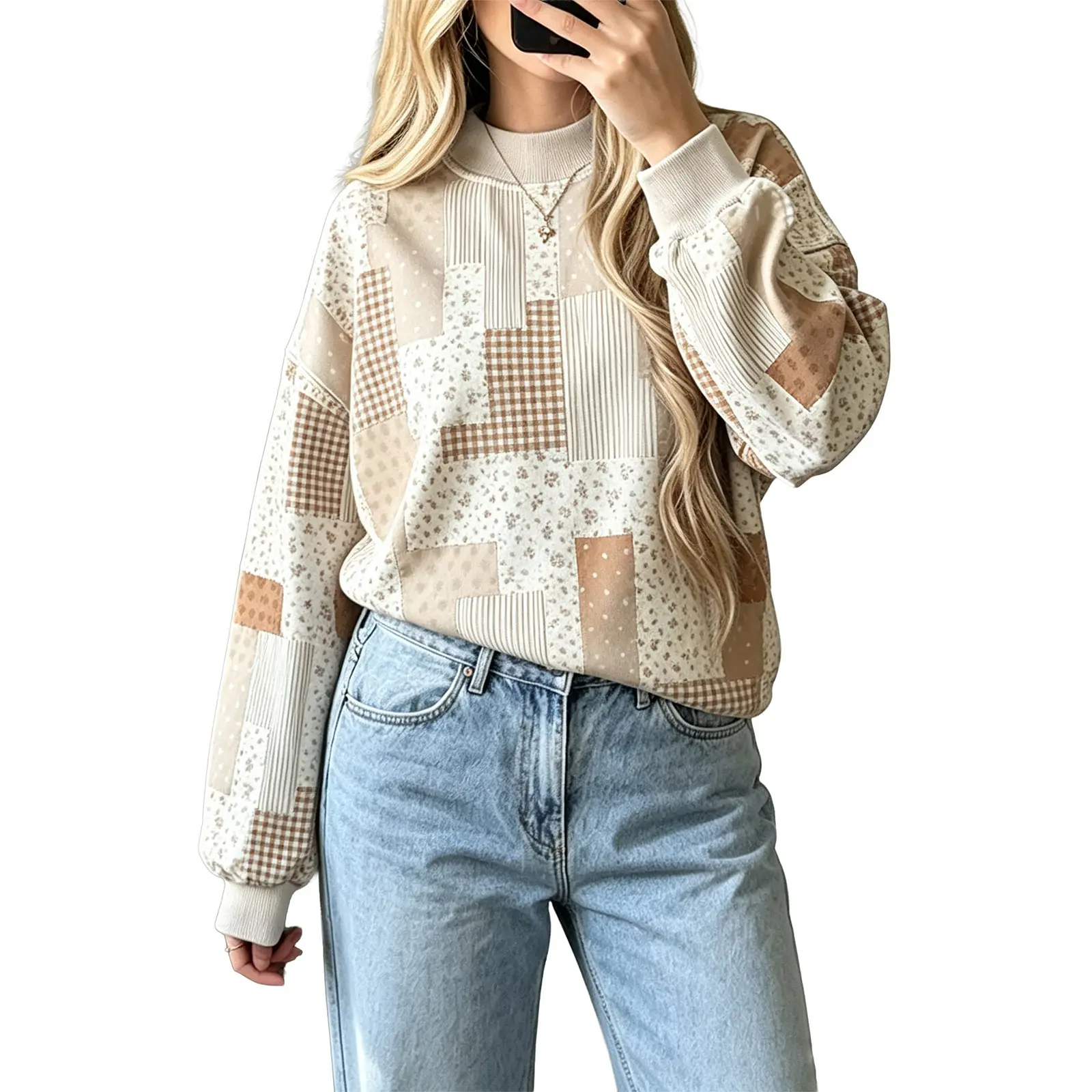 Asvivid Women Floral Patchwork Mock Neck Sweatshirt Long Sleeve Relaxed Fit Ribbed Cuff Soft Comfy Casual Vintage Daily Wear sohochic