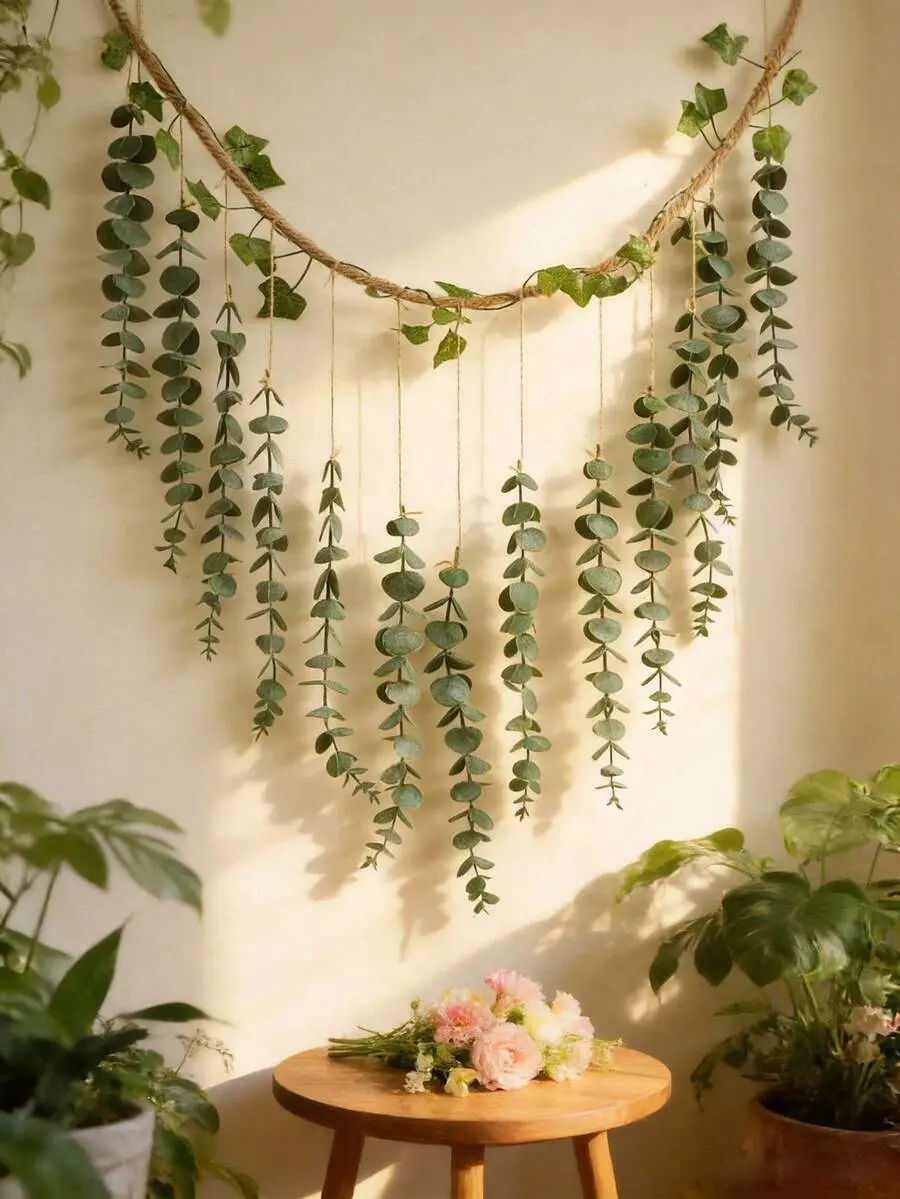 Handmade Synthetic Plant Wall-Mounted Decor - Lightweight Minimalist Artificial Climbing Vines Green Garland, Renter-Friendly Hanging Decor for Bedroom, Photo Backdrop
