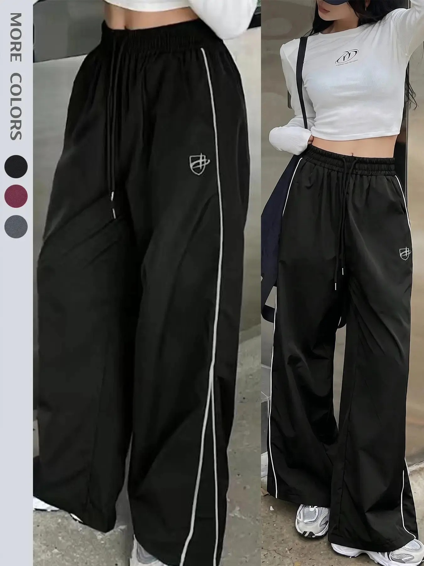 Women Loose Fitted Pants Casual Comfy Fit Elastic Drawstring Adjustable Waist Straight Leg Pants Trendy Color Block Edge Rolling Strip Desgin Daily Hiking Streewear Outdoor Activities Bottoms Spring Fall Winter Clothes Womenswear