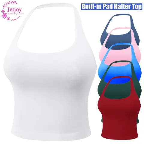 Jetjoy Longline Strappy Workout Tank Top for Women Seamless Built-in Shelf Bra Halter Gym Sports Bra Activewear