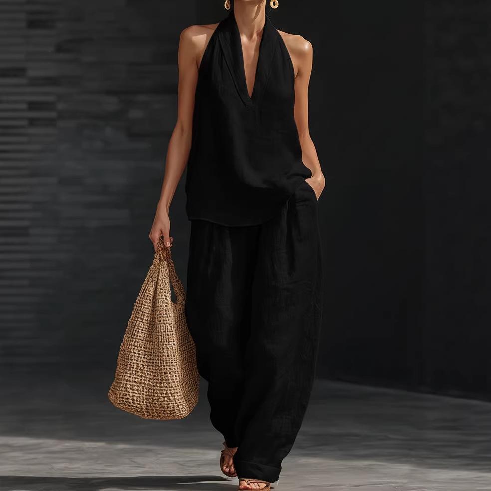 Boho Halter Neck Two Piece Set - Perfect for Beach, Vacation & Brunch! Sleeveless Top Wide Leg Pants Set #TwoPieceSet #HalterNeck #WideLegPants #Sleeveless #SummerOutfit #BohoFashion #OOTD #WomensFashion #CasualSet