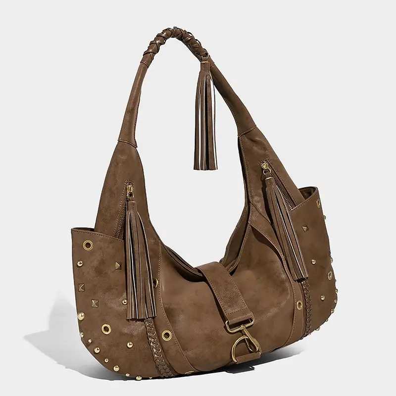 Vintage Punk Studded Hobo Bag for Women, Faux Suede Tassel Shoulder Bag, Y2K Biker Style Large Tote Purse for Work & Daily