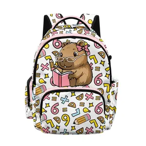 Cute Capybara 6 7 School Backpack for Girls Large Capacity Rucksack with Multi Pockets Pink Cartoon Math Print Kids School Bag Lightweight & Durable Daypack for Primary Student Back to School Essentials