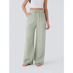 Peak High Waisted Drawstring Pocket Wide Leg Casual Linen-Feel Pants