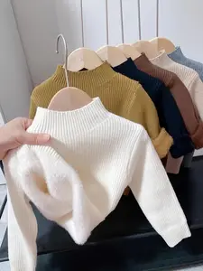 Kids' Cozy Knit Sweater - 100% Polyester, Crew Neck, Velvet Collar, Thickened Base Layer for Boys, Fall/Winter Thermal Top