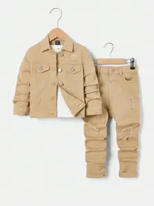 Young Boy 2pcs/Set Casual Loose Long Sleeve Jacket And Jeans Set