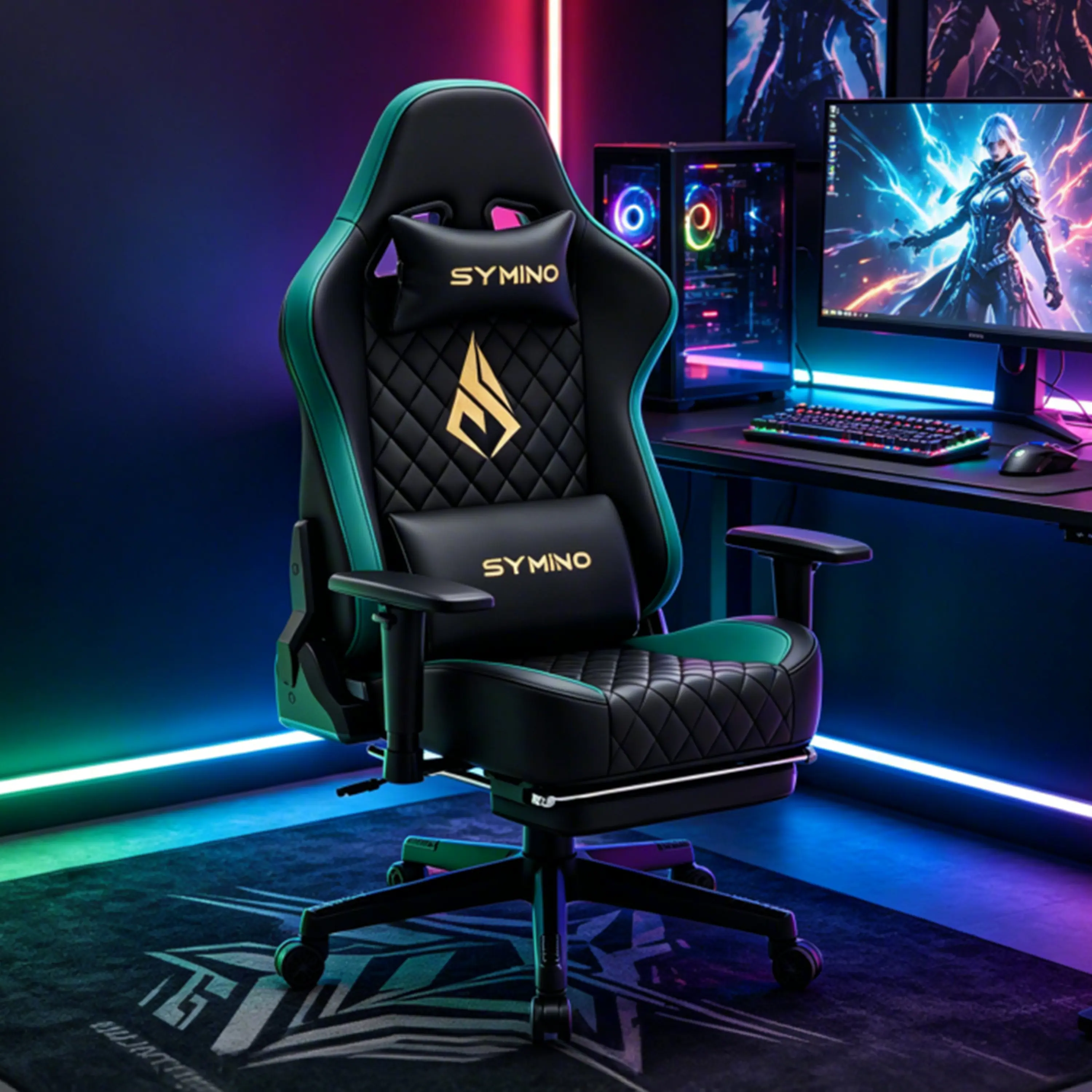 Symino gaming chair with footrest, ergonomic racing style office chair, adjustable armrests, vintage PU leather