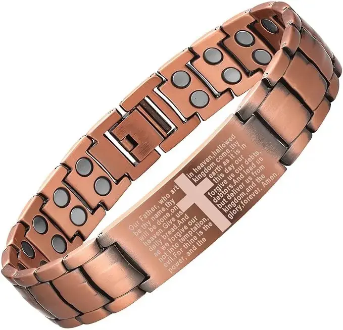 Classic Religious Cross Copper Magnetic Bracelet for Men, Ultra Strong Adjustable Magnet Band, All Seasons Daily Jewelry, Comes with Sizing Tool & Gift Box, Bracelets, Casual Wear, Adjustable Size, For Males, Magnetic Cross, Retro Look, Strong Magnet, Dai