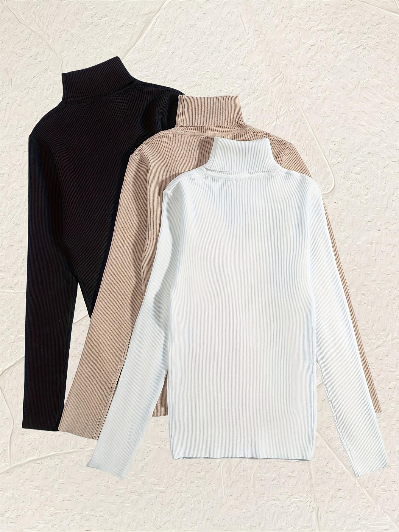 Women's 3-Pack Long-Sleeve Knitted Turtleneck Pullover Sweaters - Solid Color, Casual Fall Winter Basic High-Neck Clothes