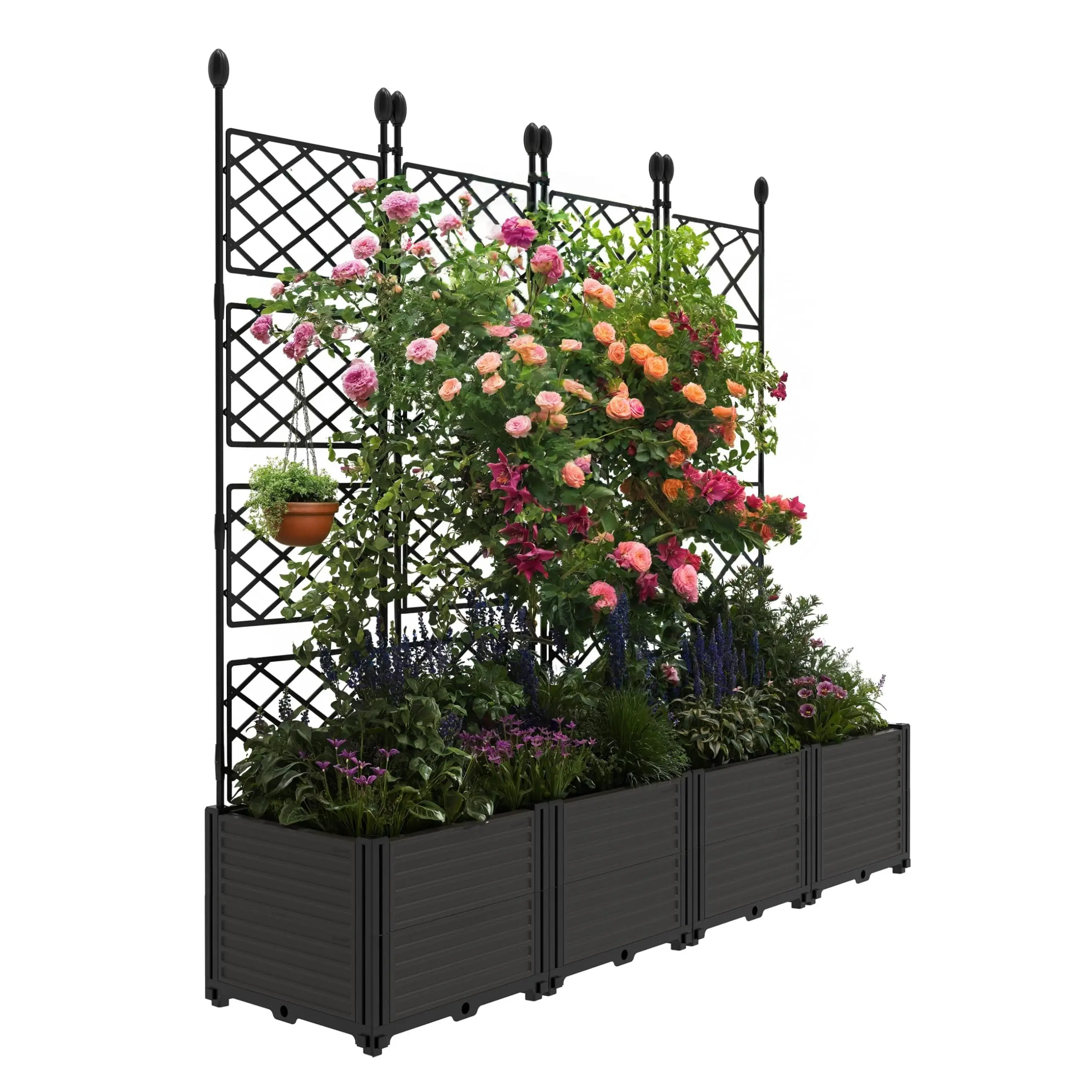 4-Pack Connectable Raised Garden Beds with Metal Trellises, Sturdy Base, Deep Planter Boxes for Vining Veggies & Blooms, Outdoor Privacy Divider for Balcony, Patio, Connectable Beds
