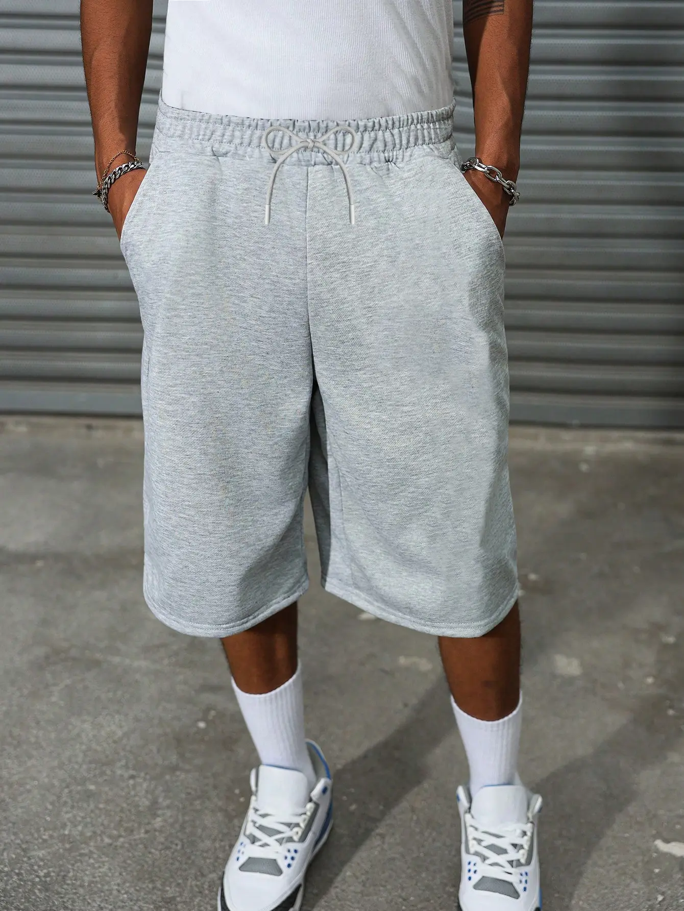 Men's Plain Fitted Casual Shorts - Menswear Streetwear Bottoms with Breathable Polyester Fabric, Drawstring Mid Waist, Above-Knee Length, Pockets, Knitting Design, Machine Washable, Above The Knee, Basic