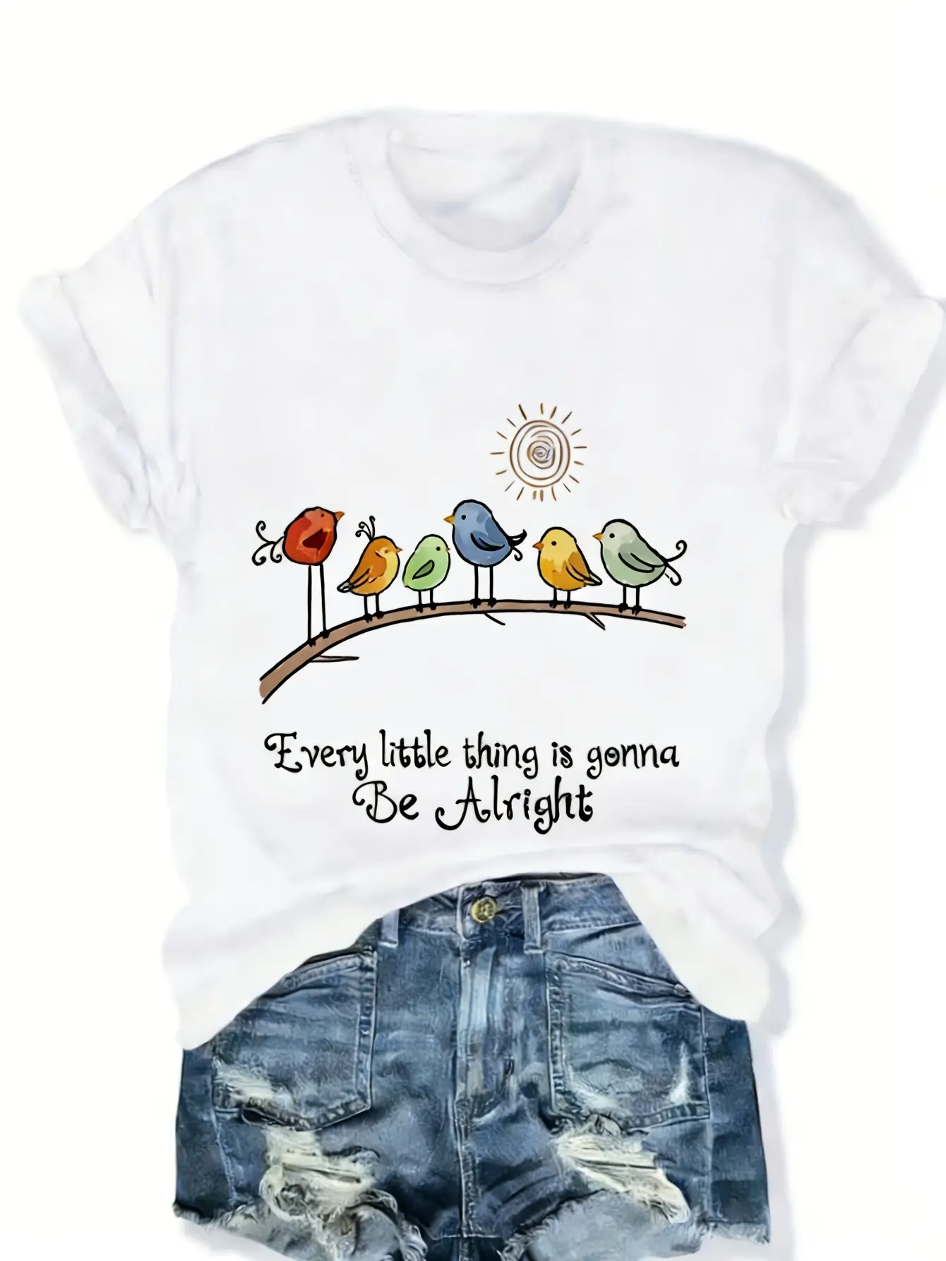 Women's Comfortable Fabric Short-Sleeve Calico T-Shirt Outfit, Relaxed Cut, Crew Neck, Cute Bird Print, "Every Little Thing Is Gonna Be Alright" Slogan, Durable Stitching, All-Season Casual Wear, Ideal Holiday Gift for Girlfriend (Pairs with Jackets)