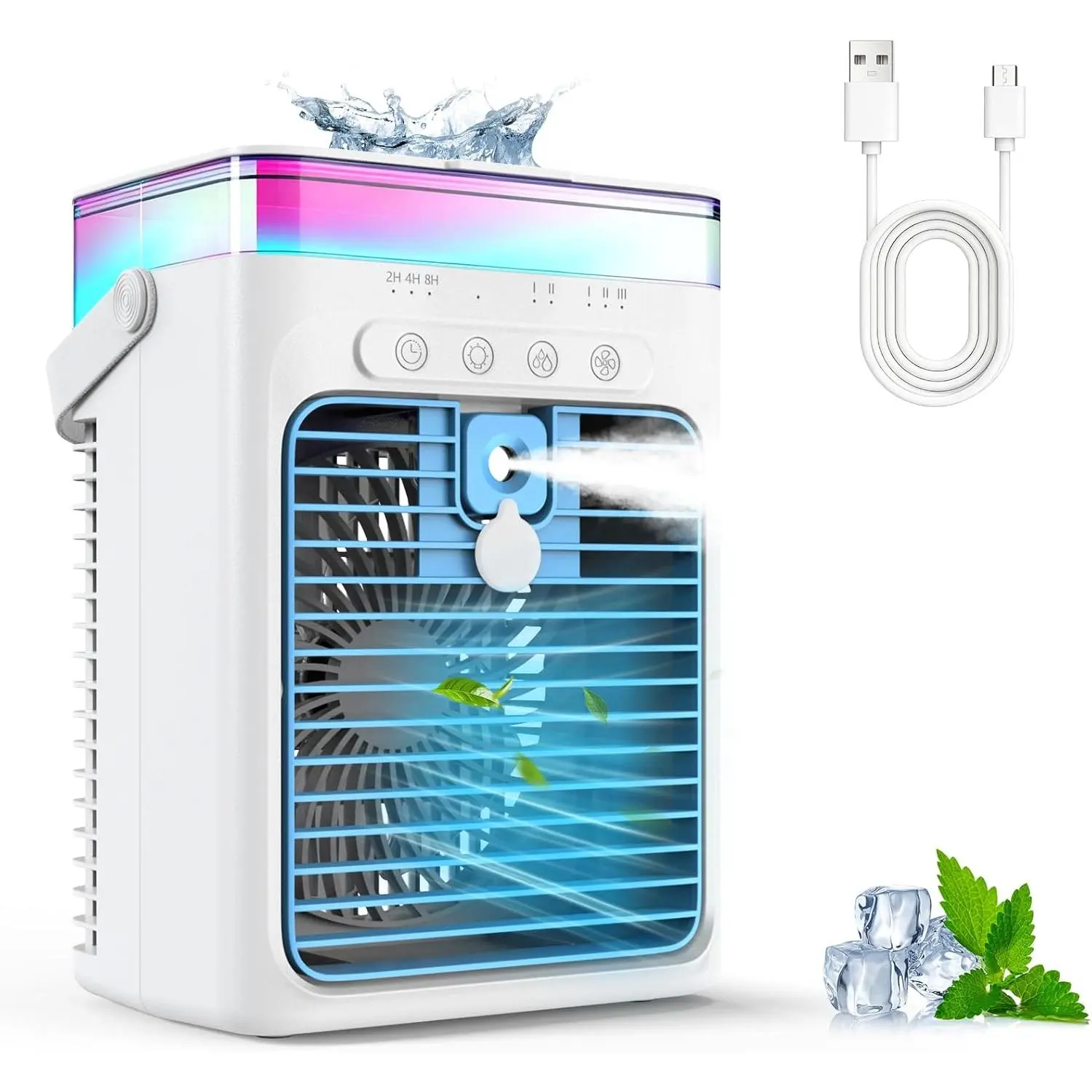 Portable Air Conditioner, 3-in-1 Evaporative Air Cooler with 3 Speeds & 2 Mist Modes, 1000ml Personal Mini AC Unit, USB Powered Small Cooler with RGB Light & Timer for Bedroom Office Desk Car