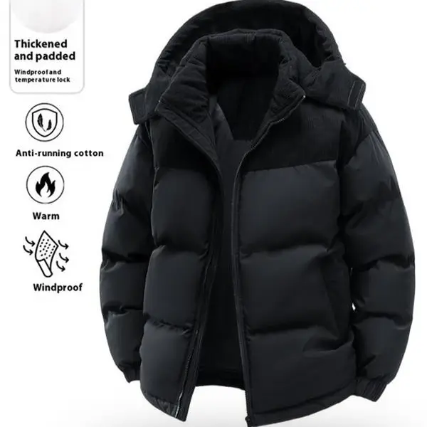 Men's Casual Thick Hooded Down Jacket, Polyester Fiber Filled, Winter Color Block Design, Long Sleeve Detachable Hat, Warm Outerwear, Coats