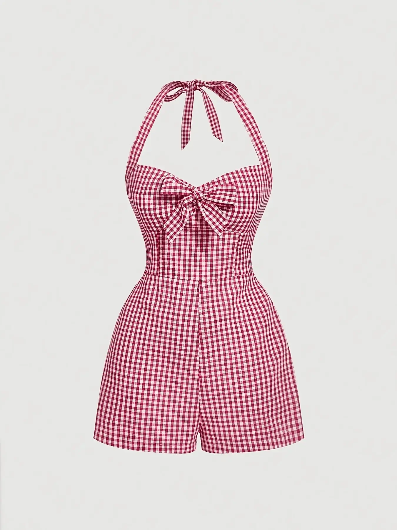 Women's Cute Plaid Halter Neck Tie Front Romper, Chic Overalls, Sleeveless, Casual Summer, High Waist Slim Fit, Sweet Cool Aesthetic Elegant Chic Style, Retro American Vintage, Beachwear