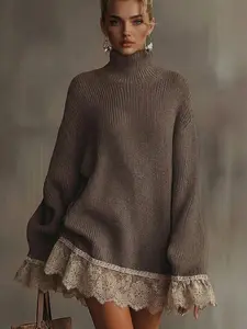 LikeMyChoice Fashion Solid Color Turtleneck Long sleeved Loose Ruffle Knit Mini Dress