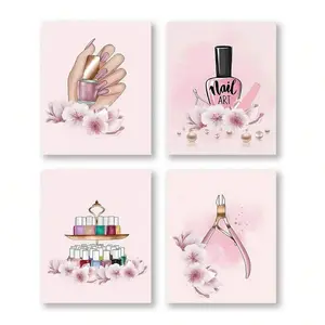 4 Packs Fashion Manicure Posters, 8x10inch Pink Aesthetic Wall Art, Frameless Nail Salon Decor, Unframed Beauty Theme Pictures For Salon Space Decoration
