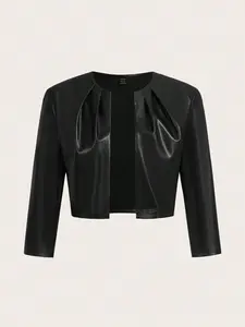 Women's Plain Color PU Leather Pleated 3/4 Sleeve Open Front Cropped Jacket, Spring Autumn Fabric Fit