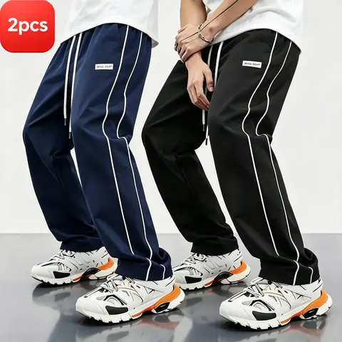 Men’s 2 Pack Striped Wide Leg Pants, Casual Loose Streetwear Pants, Elastic Drawstring Waist, Side Stripe Detail, Lightweight Smooth Fabric, Relaxed Fit, Versatile for Everyday & Urban Street Outfits in All Seasons