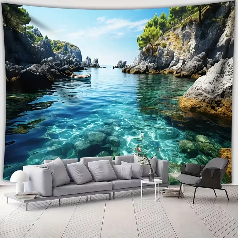 Large Ocean Mountain Blue Sky Landscape Photo Backdrop Tapestry, Polyester Wall Hanging for Living Room Bedroom Party Decoration, Tapestry Wall Mural