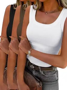 Women's Scoop Neck Tank Top, Thick Ribbed Stretchy Cami, No Roll Straps, Summer Basic, Office-Friendly Sleeveless Tee, Non-See Through Casual Shirt, Womenswear