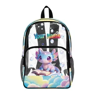 Back to School Clear Kids Rucksack Personalised Name, See Through PVC Backpack with Cute Axolotl Reading Print, Lightweight Multi Compartment Design for tidy packing, Large Capacity for books & snacks, Secure Zip Close, Mesh Bottle Pockets