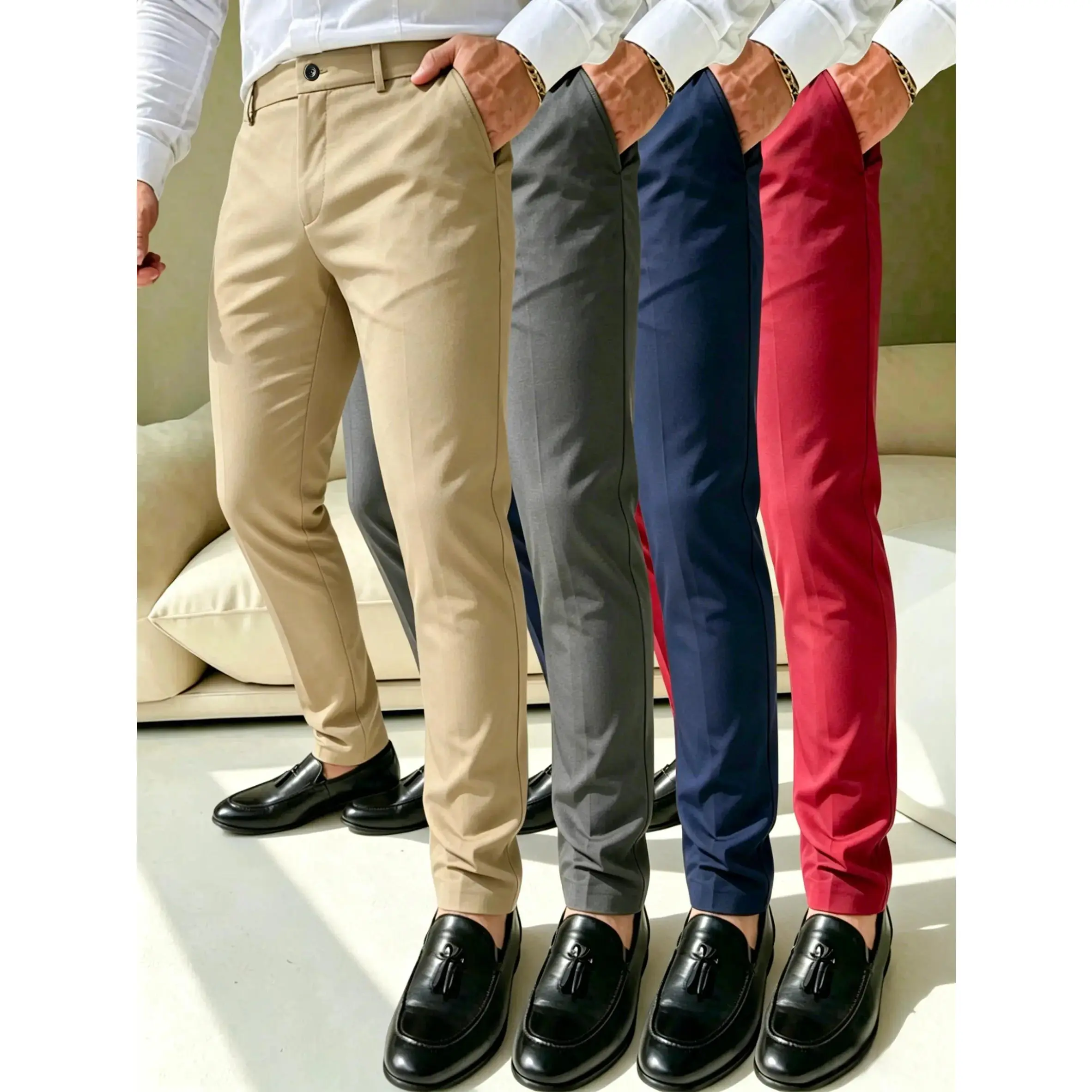 Men's business casual dress pants, slim fit, slimming effect, slightly stretchy fabric, half elastic waistband fashion forward comfy pants effortless flattering on trend day to night