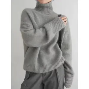 Women's Casual High Neck Pullover Sweater, Soft Long Sleeve Knitwear, Loose Fit Medium-Length Tunic Top, Lady