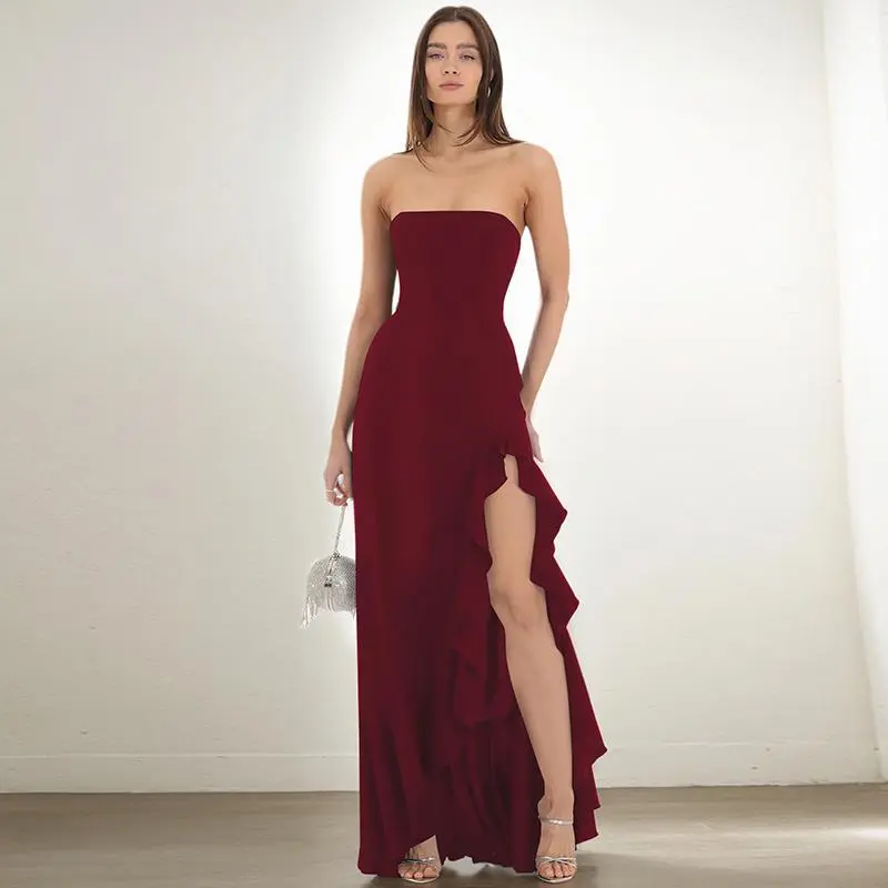 Women's 2026 Summer New Strapless Backless Ruffle Hem High Slit Bodycon Maxi Dress - Bodycon Flatter Silhouette, Knitting Plain Fabric, Holiday Formal Party Gown, Slim Fit, Elegant, Note: Do Not Dry Clean