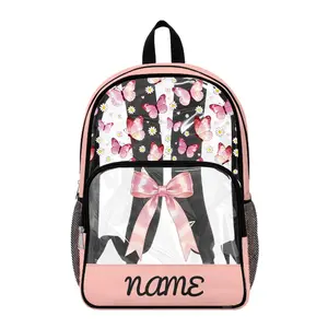 Clear School Backpack for Kids – Pink Trim Butterfly Bow Design, Personalised Name Transparent PVC Rucksack, Lightweight & Durable with Multi Pockets, Big Main Compartment + Front Zip, Side Mesh Water Bottle Holder, Back to School Essential