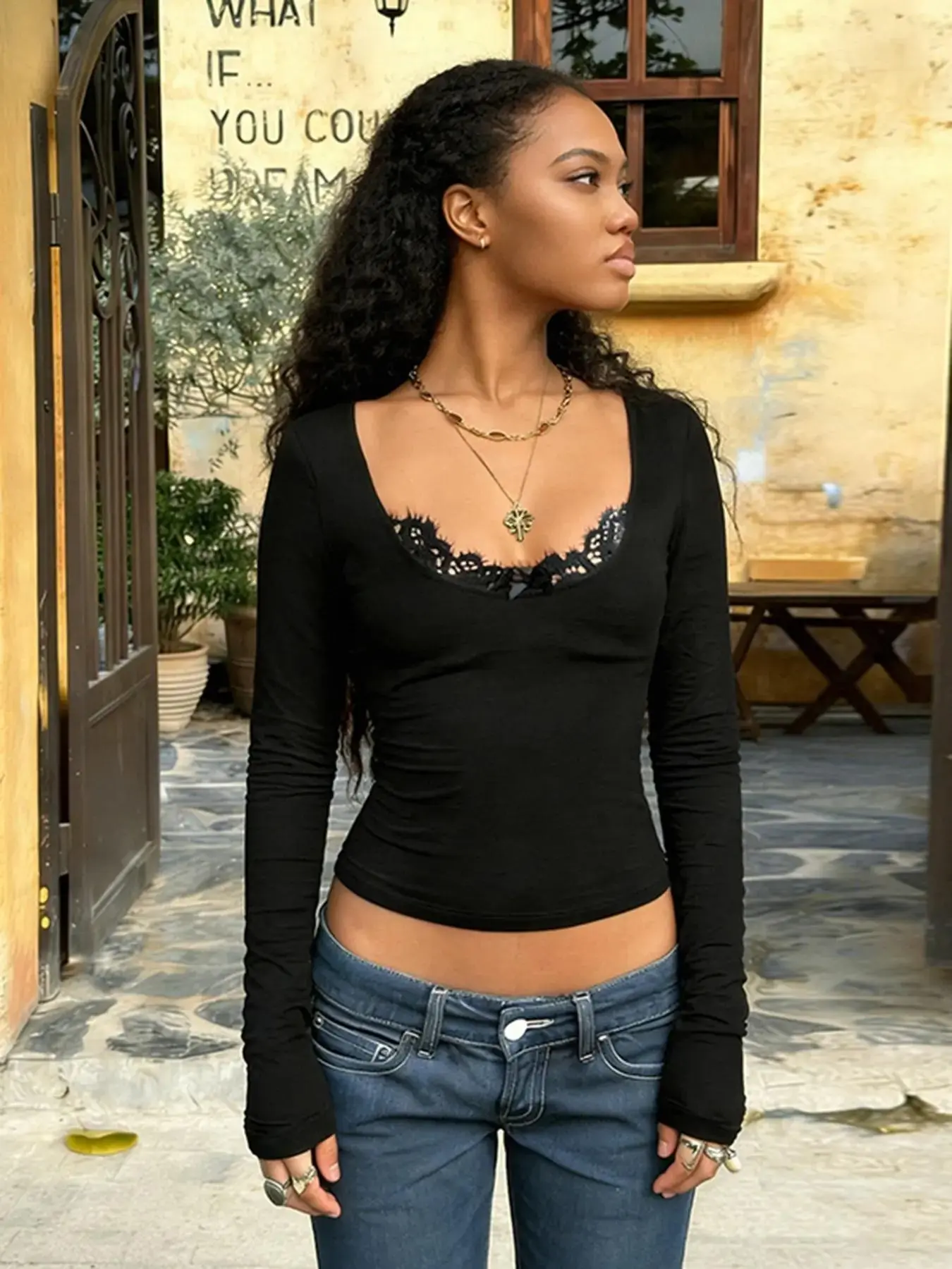 Street Style Casual Chic Tight Fit Lace Patchwork Long Sleeve Top, Basic Bow Design Retro Y2K Aesthetic Spring New T-Shirt for Girls Streetwear Womenswear Lady brunch outfit breathable basics oversized