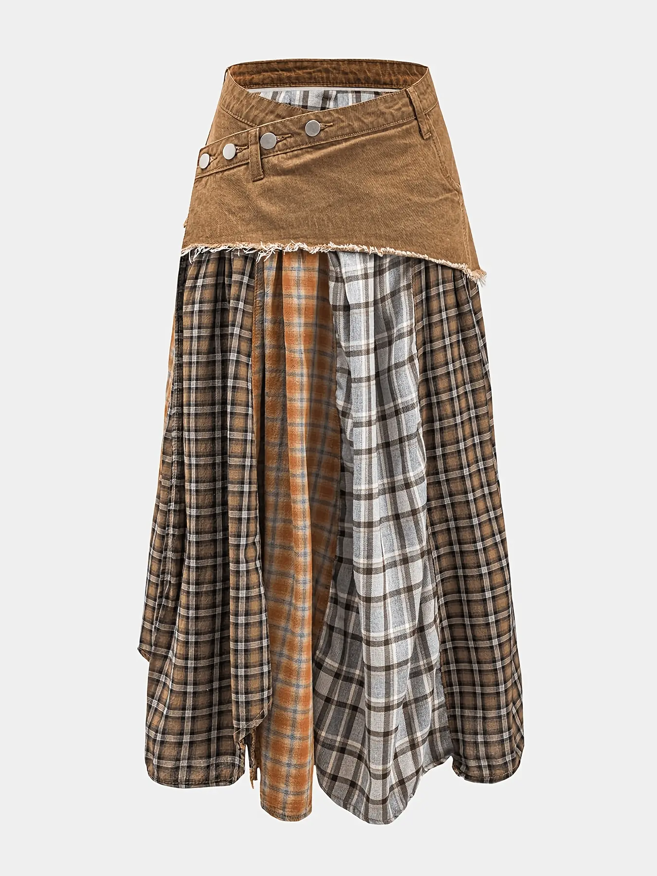 Women'S Chic Asymmetrical Patchwork Plaid Skirt for Women, Vintage Irregular Hem Grunge Midi Skirt, High Waisted Casual Y2K Flowy Skirt for Parties & Camping
