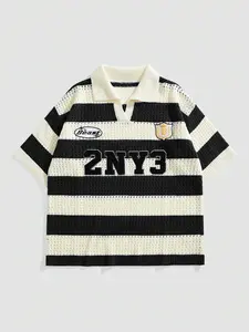 ( Five-star review)MEN Prep Men's Letter Striped Jacquard Knit Short Sleeve Polo Shirt