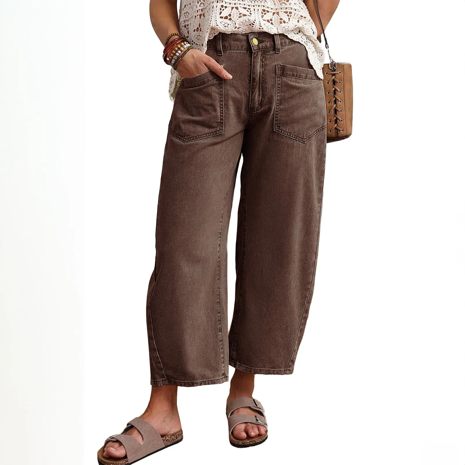 Asvivid Women Solid Color Denim Barrel Jeans Elastic Mid Waist Ankle Length Bottom Trouser with Pocket Casual Pants for Women Daily Wear sohochic