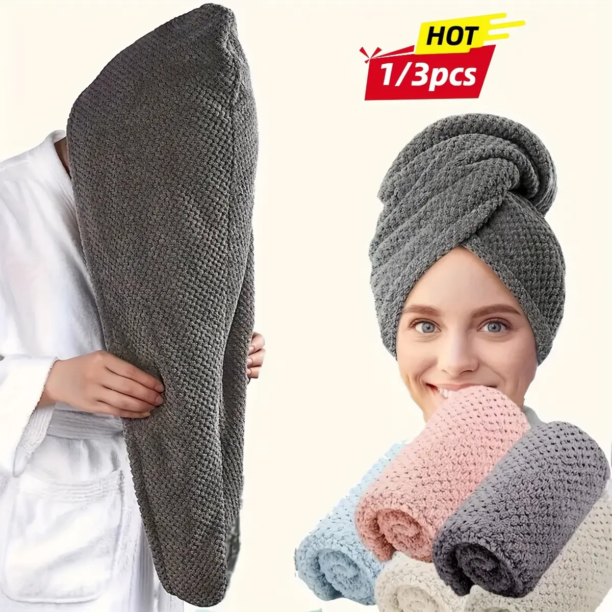 1/3pcs Ultra-Fine Microfiber Women'S Hair Towel Set - Soft, Coral Fleece Quick-Dry Hair Towel, 300GSM Highly Absorbent Soft Comfortable Hair Towel, Ideal Bathroom Accessory, Essential Daily Towel Gift