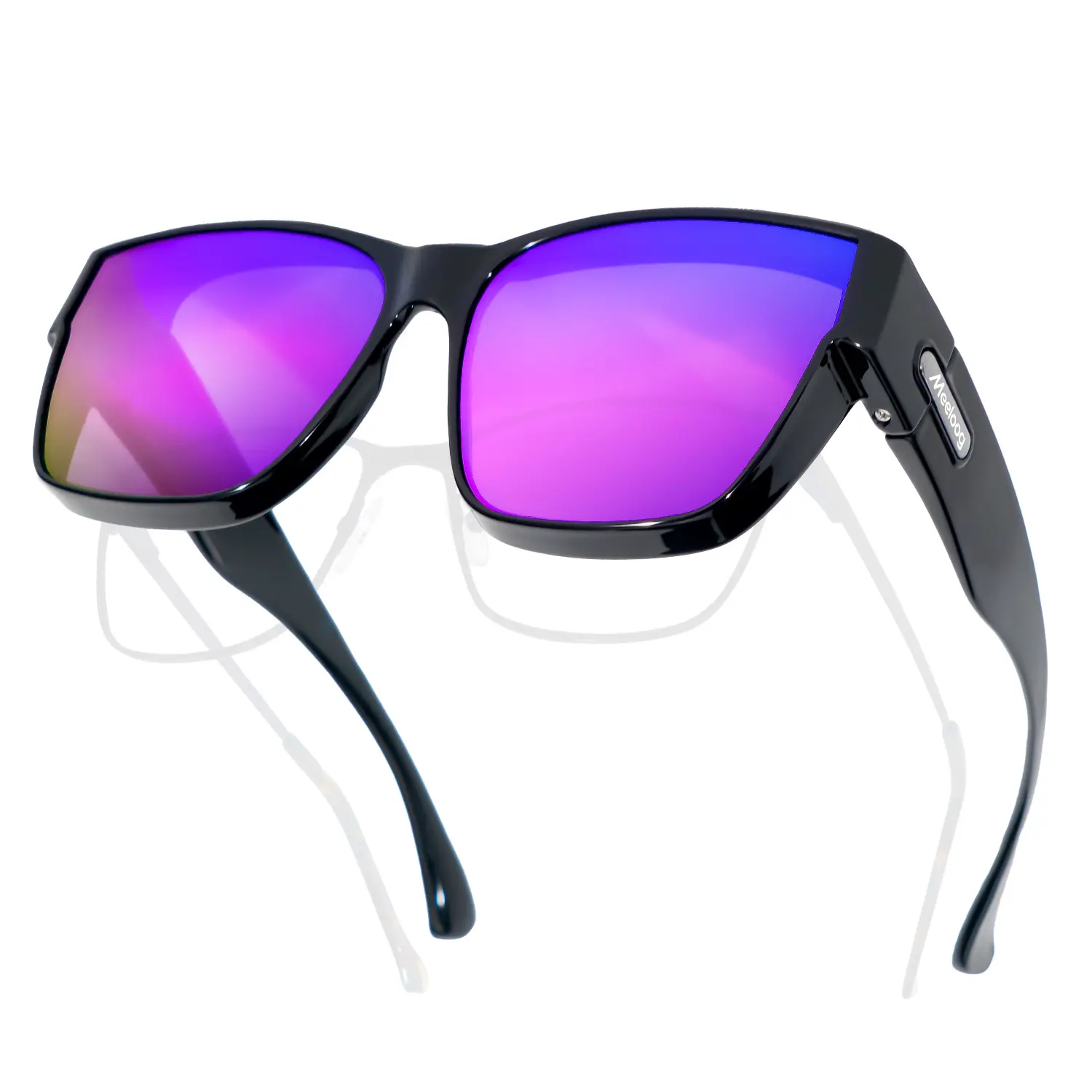 MEELOOG Polarized Wraparound Over-Glasses Sunglasses, Unisex Full Rim TR90 Frame, UV400 Anti-Glare Polarised PC Lenses, Square Ergonomic Shape, for Driving & Outdoor Daily Use, Black Frame/Green Mirror Lens