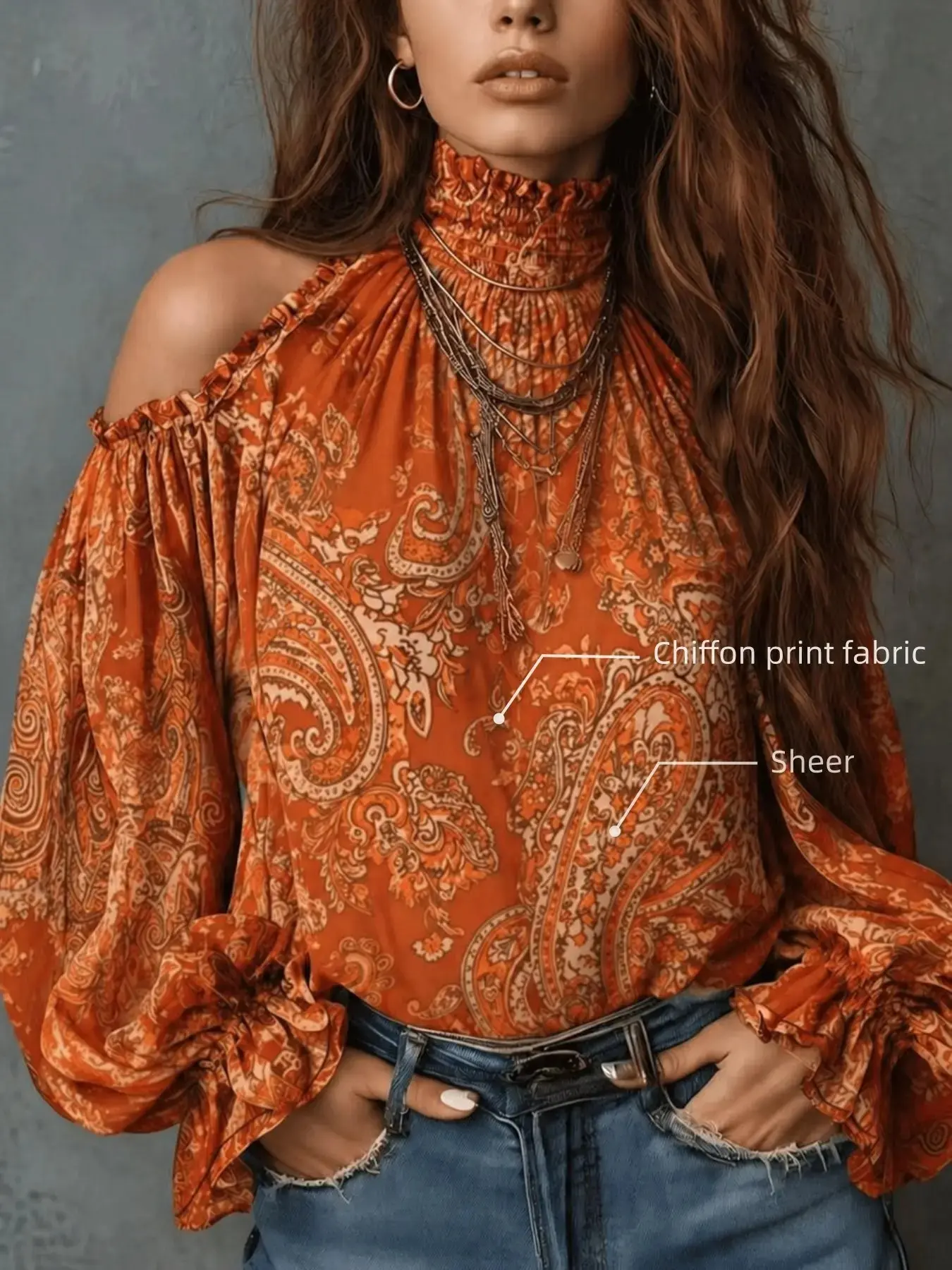 Women Vintage Bohemian Paisley Pattern Cold Shoulder Blouse Boho Clothing Elegant Retro Design Shirt Print Casual Formal Unique Lightweight Breathable Flowy Trendy Streetwear Vacation Beach Travel Resort Holiday Party Date Night Club Daily Work Office