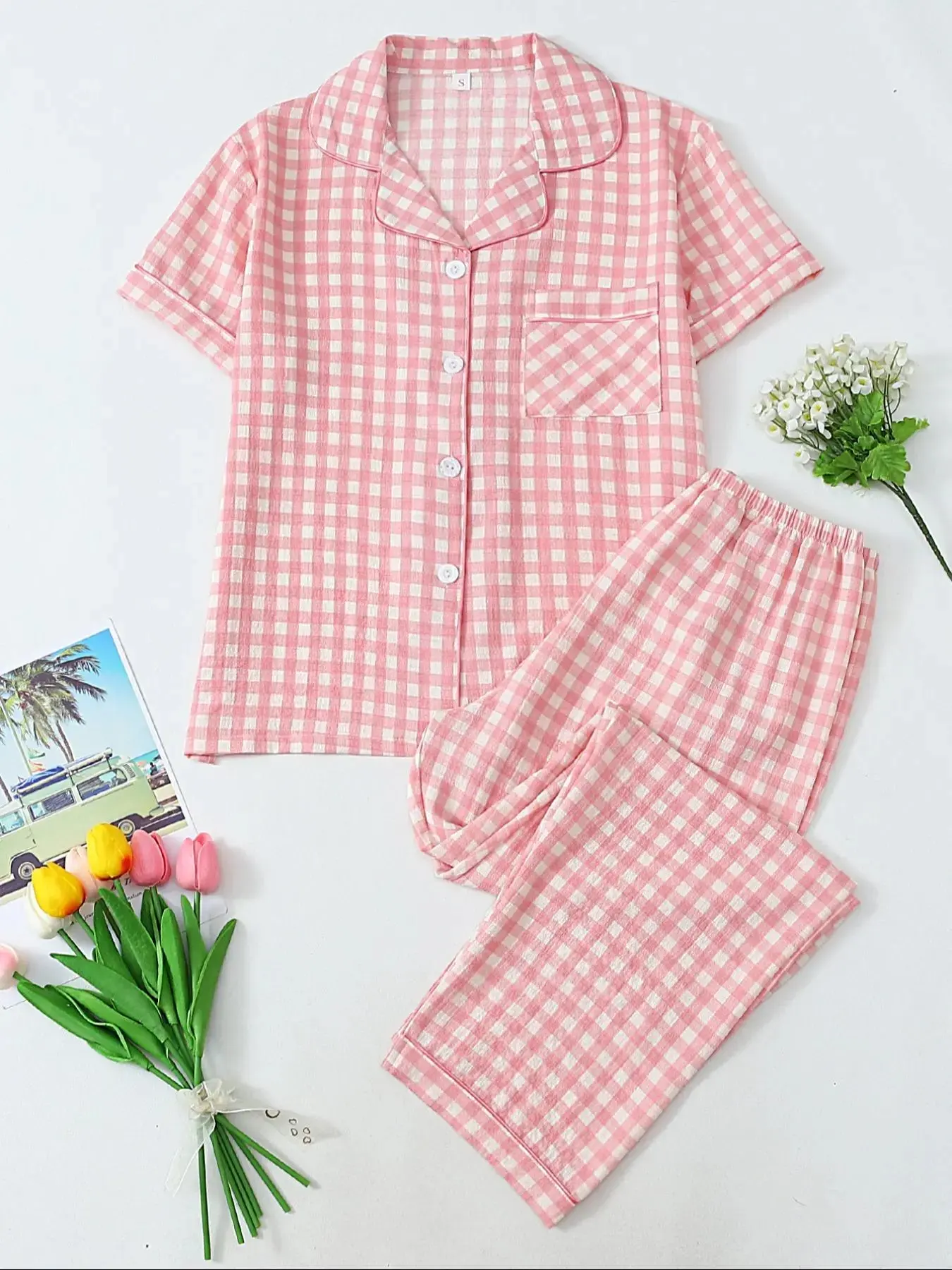 Women's Gingham Print Short Sleeve Tee & Pants Pyjama, Casual Comfy Round Neck T-shirt & Trousers PJ Set, Ladies Sleepwear for All Seasons, Lounge Pajamas, Loungewear, Matching Pj Set, Womenswear