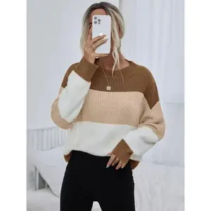 New pullover sweater with contrasting stripes and round neck, stylish for commuting, European and American style