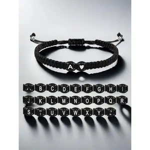 Black and White Heart-shaped 26-letter Braided Hand Rope, Personalized Style Letter Link Bracelet Suitable for Daily Wear Lovers & Girlfriends