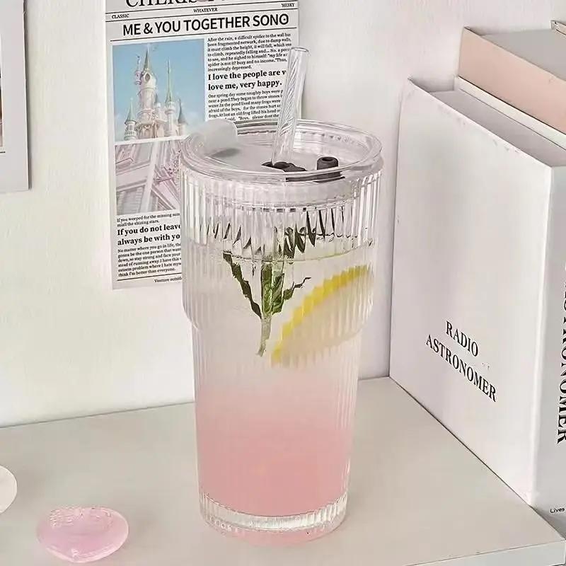 Set of 2 - 20oz Ribbed Glass Tumblers w/ Lids & Straws | Shatter-Resistant & Elegant | Leak-Proof Lid for Cold Drinks, Slushies, Ice Tea & More BritLuxuryFinds kitchen gadgets