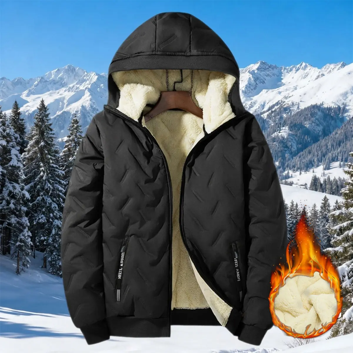 Men's Casual Sherpa Fleece Lined Hoodie, Fitted Quilted Full Zip Jacket, Thermal Long Sleeve Winter Coat with Pockets, Tops, Minimalist Black Brown, Plain, Outdoor